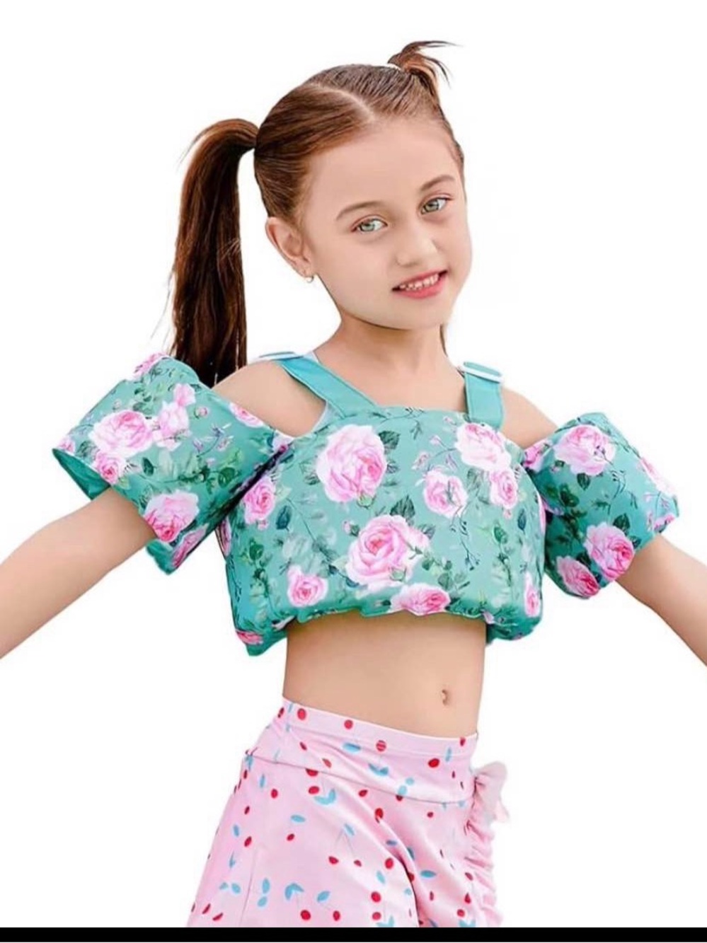 Girls Floral Swim Float Vest Top - Mint Green with Pink Roses